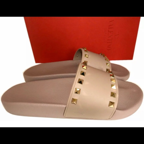 Valentino Shoes - Valentino Beige Rock Stud Flat Slides Sandals